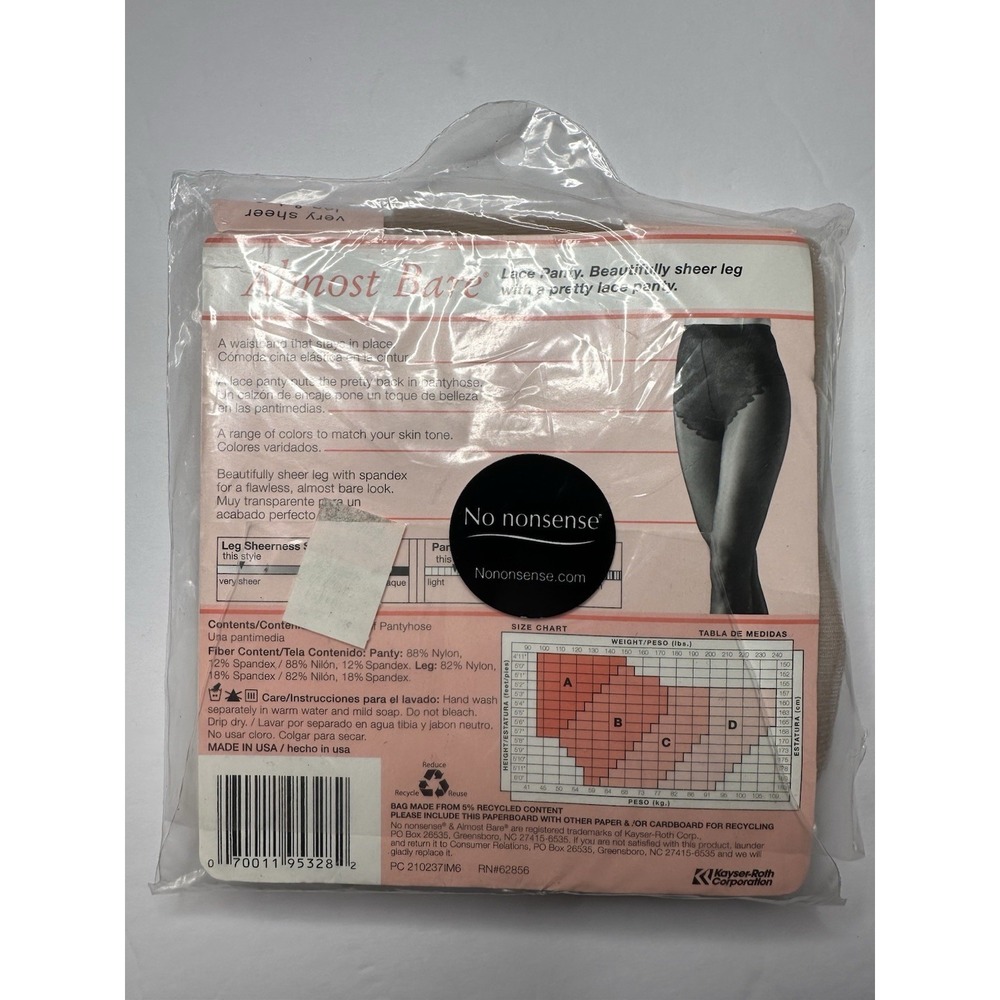 Vintage No Nonsense Almost Bare® very sheer pantyhose in Bare Bisque, Size B Med - Picture 2 of 4